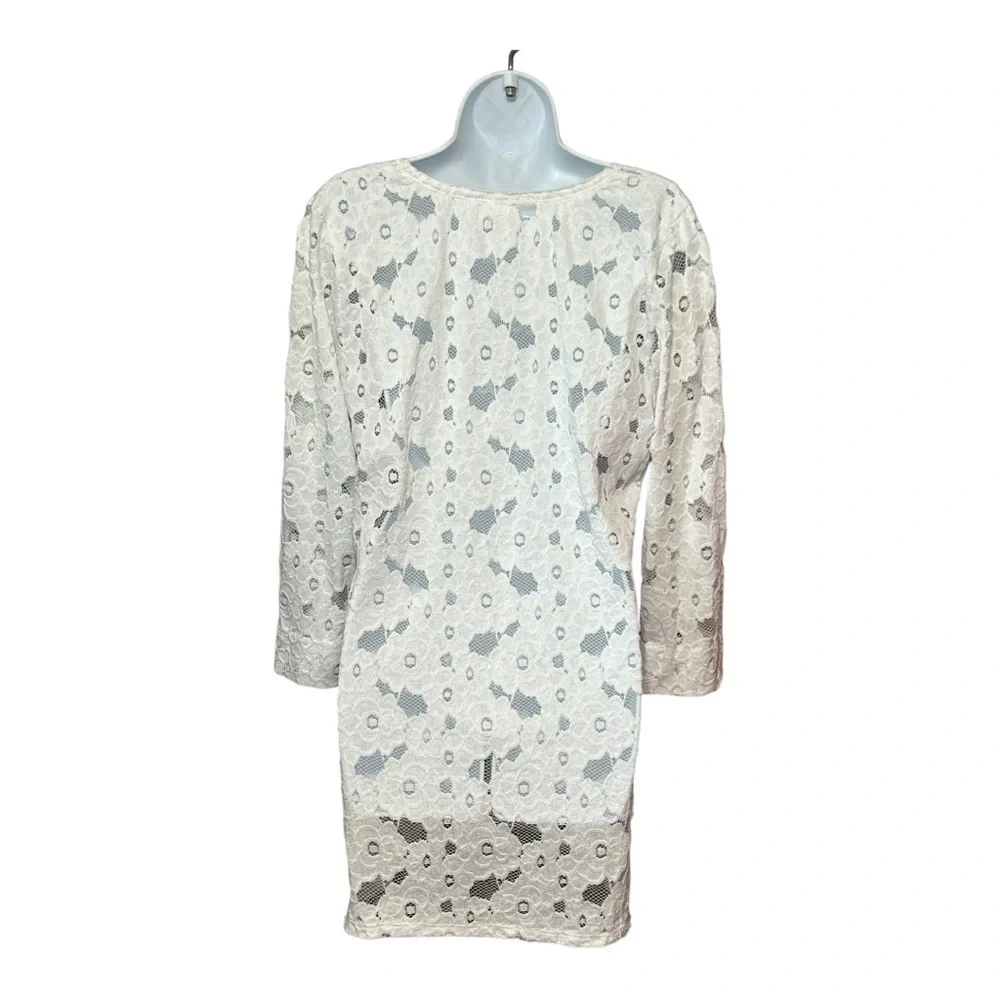 Dotti White Crochet Lace Swimsuit Cover-Up Long Sleeve V-Neck Tunic Top Medium